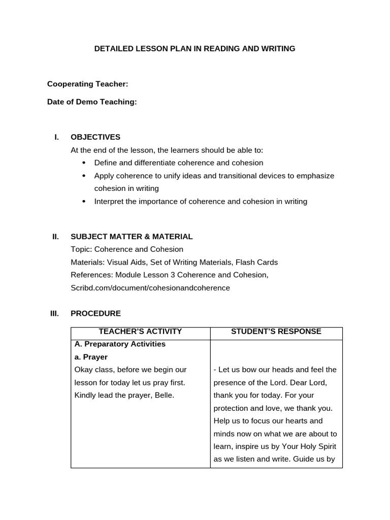 Lesson Plan in Reading and Writing | PDF | Lesson Plan | Prayer