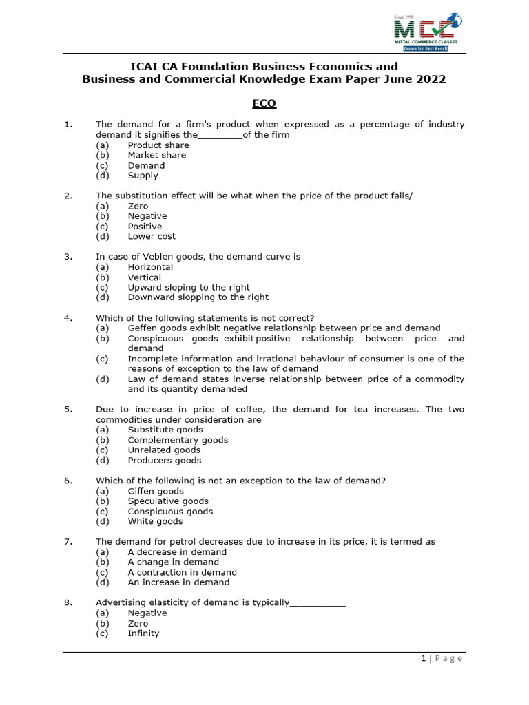 ICAI CA Foundation Business Economics Exam 2022 | PDF | Elasticity ...