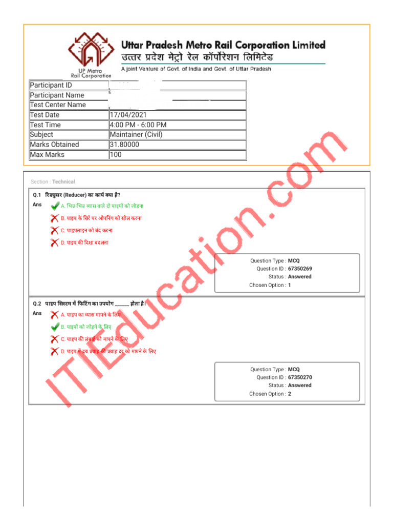 Up Metro Fitter Question Paper | PDF