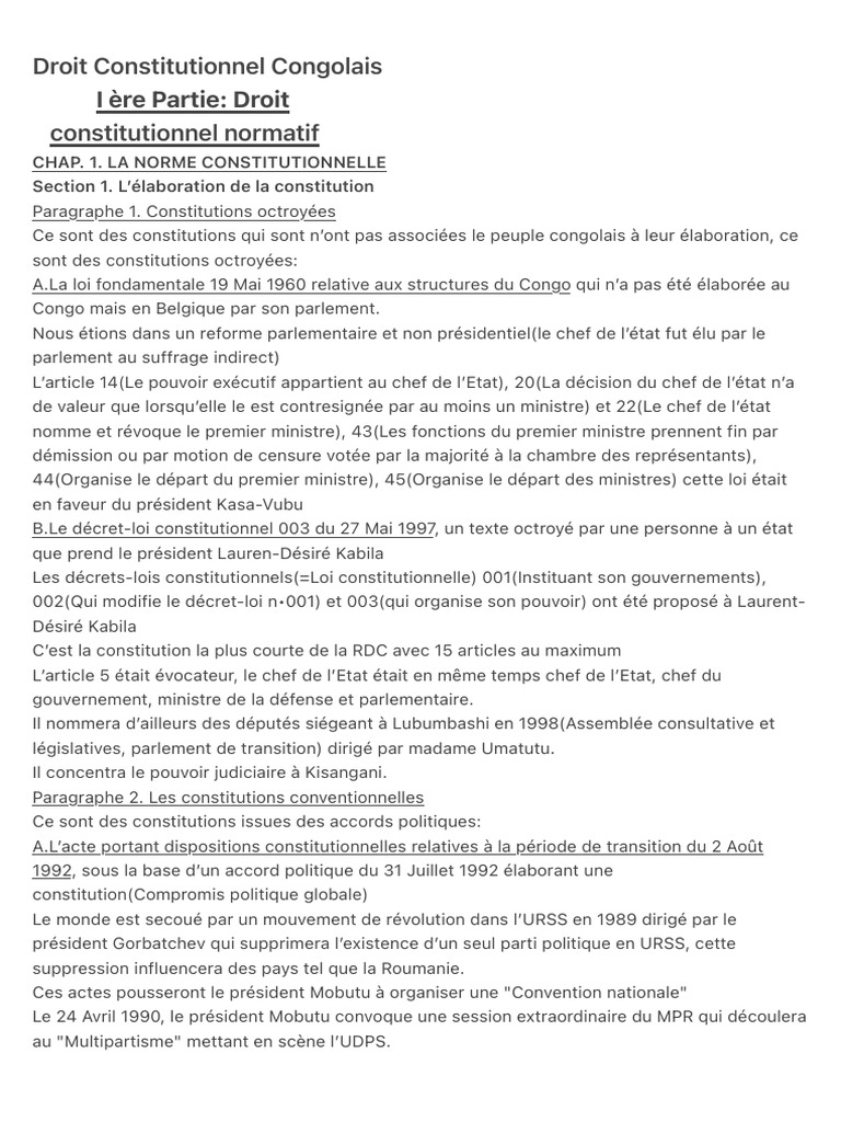 Évolution du Droit Constitutionnel en RDC | PDF | Loi | Constitution