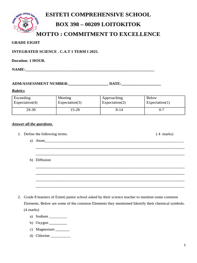 Integrated Science Exam Grade 8 2025 | PDF | Chemistry | Chemical ...