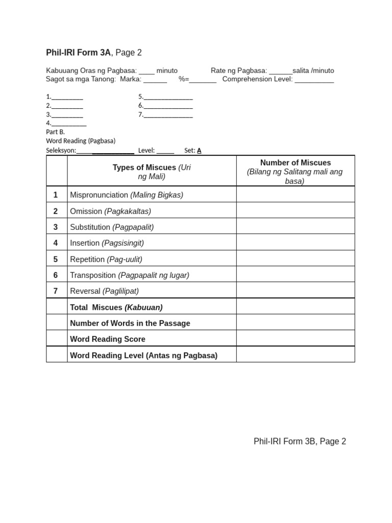 Phil-Iri Form 3a3b Page 2 | PDF