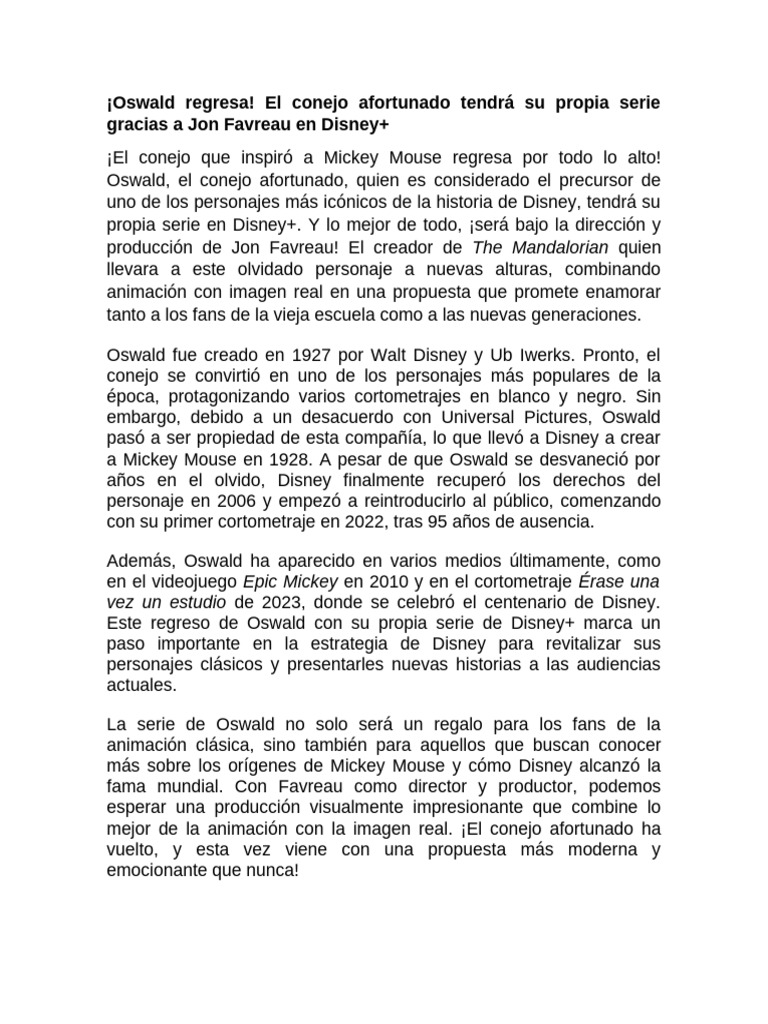Oswald regresa con serie en Disney+ PDF