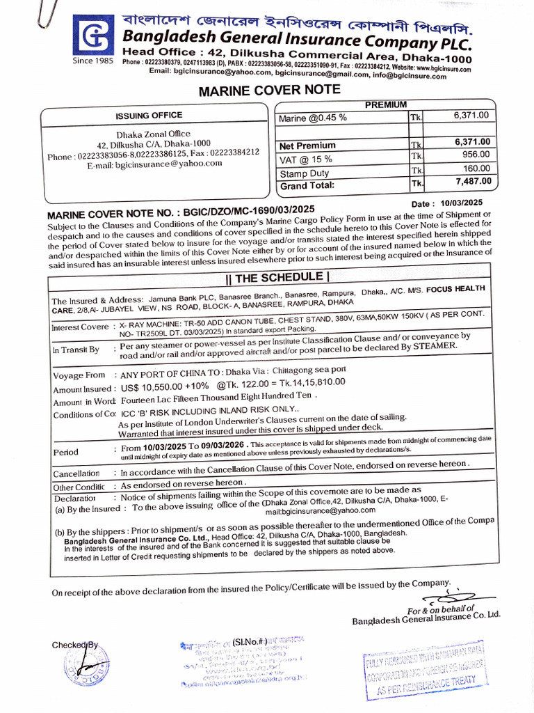 Marine Insurance Cover Note BGIC | PDF | Shipping | Water Transport