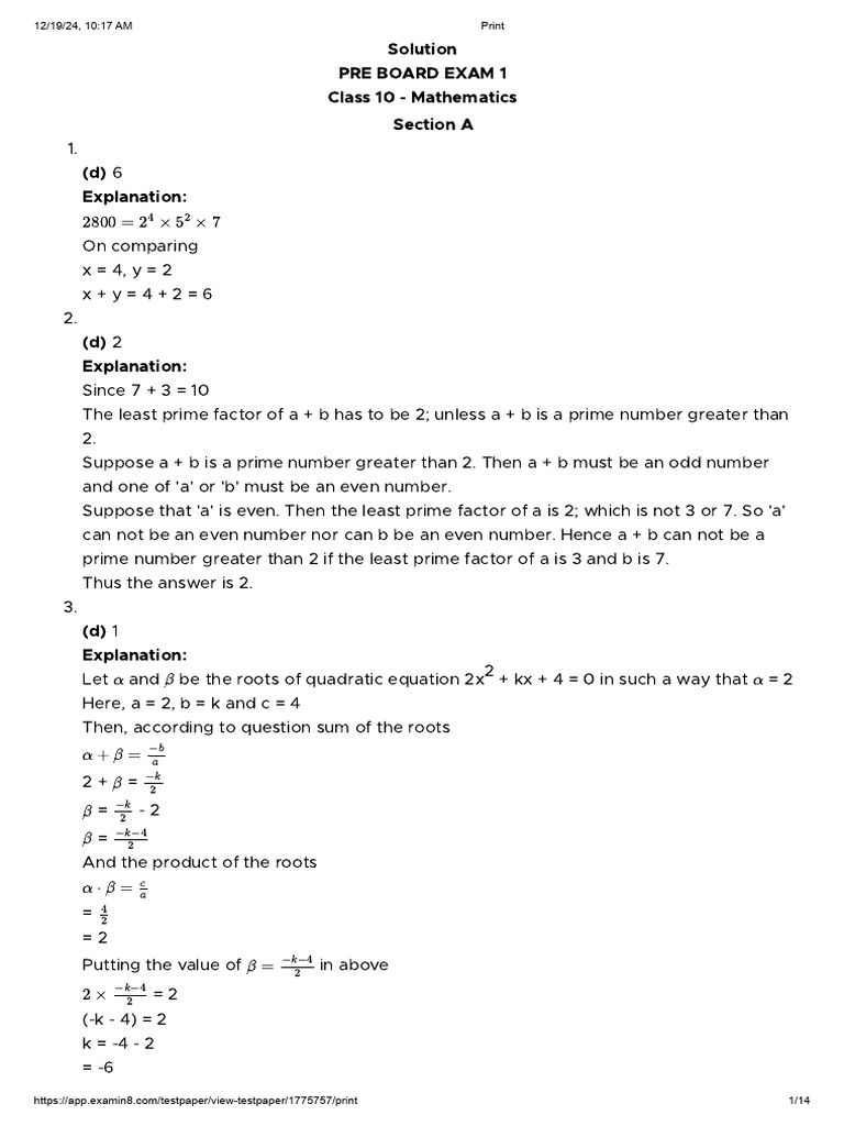 Class 10 Math Exam Solutions | PDF | Prime Number | Numbers