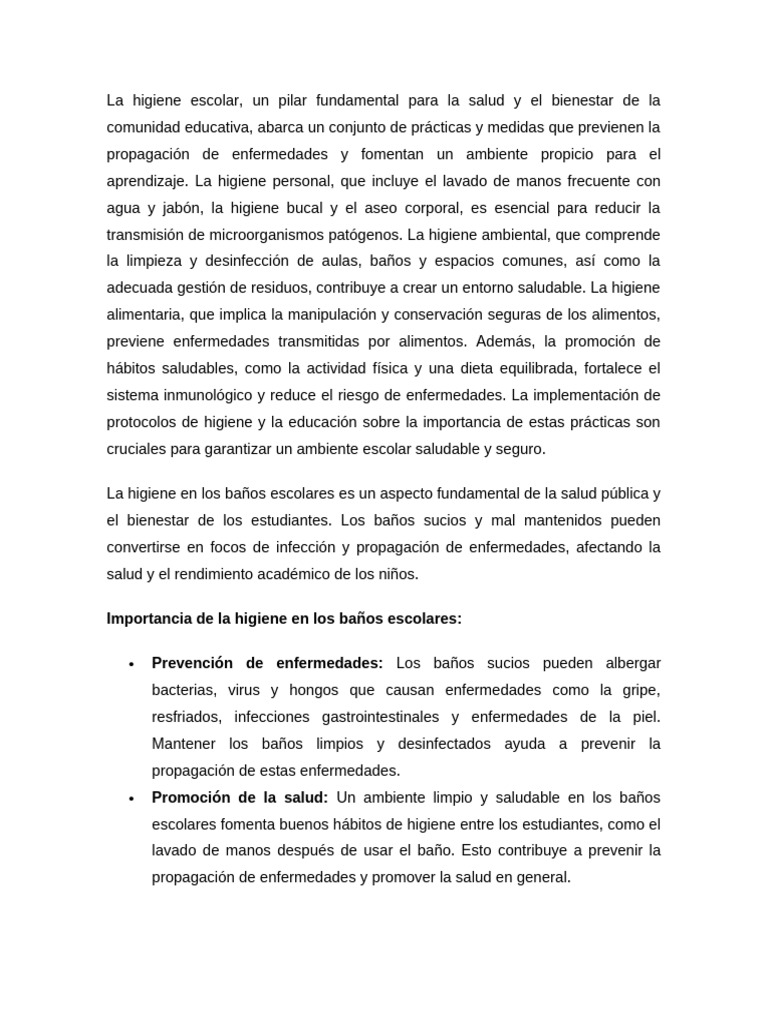 Importancia de la Higiene Escolar | PDF | Higiene | Lavado de manos