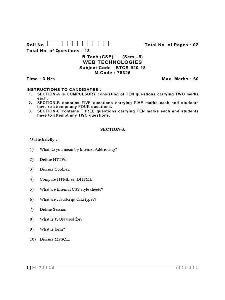 Btech Cse 5 Sem Web Technologies 78326 Jan 2021 | PDF