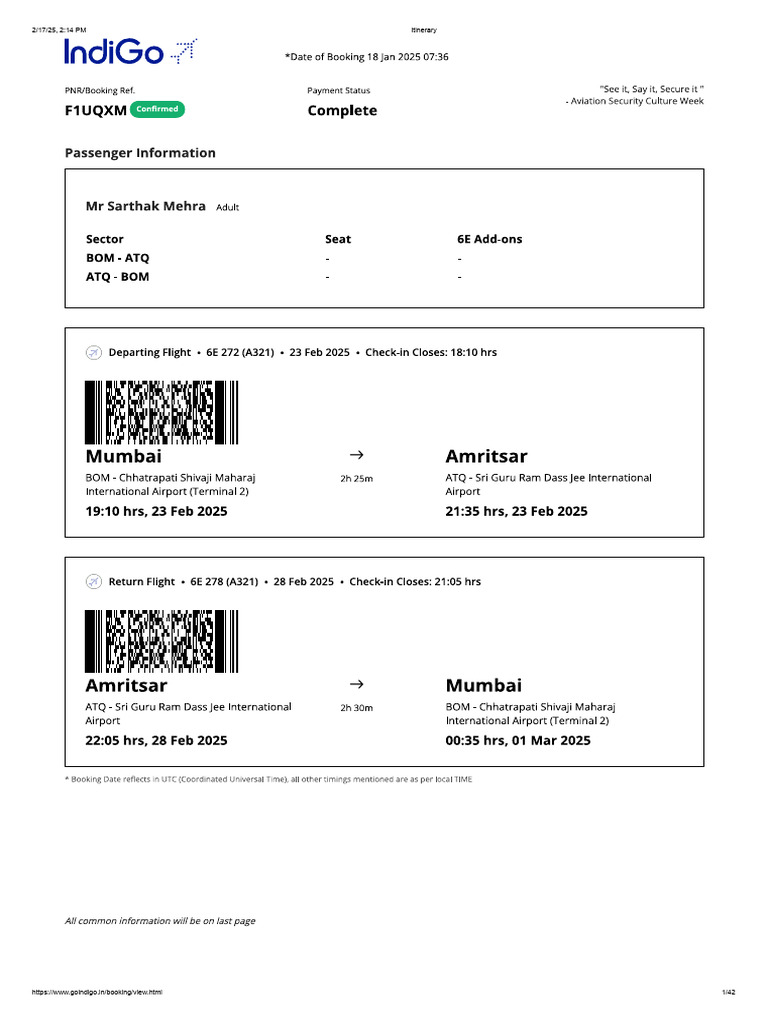 GoIndiGo User Itinerary Details | PDF