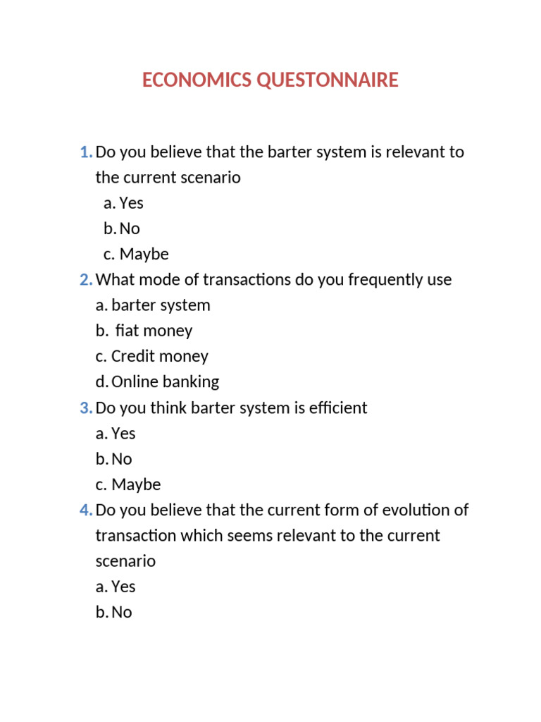 Barter System and Modern Transactions Survey | PDF
