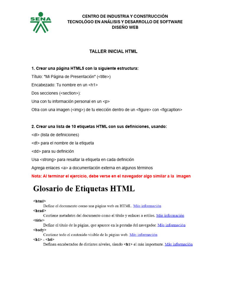 Taller Inicial de HTML5 y Estructuras Web | PDF | HTML | Diseño web