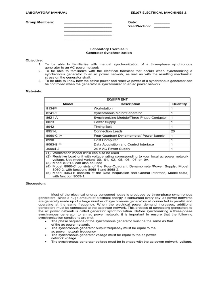 Generator Synchronization Lab Manual | PDF | Electric Generator ...