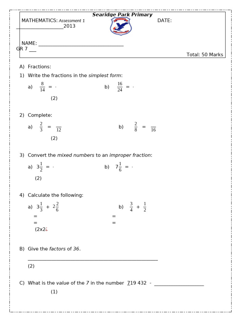 Grade 7 Mathematics Assessment 1 | PDF | Discrete Mathematics | Number ...