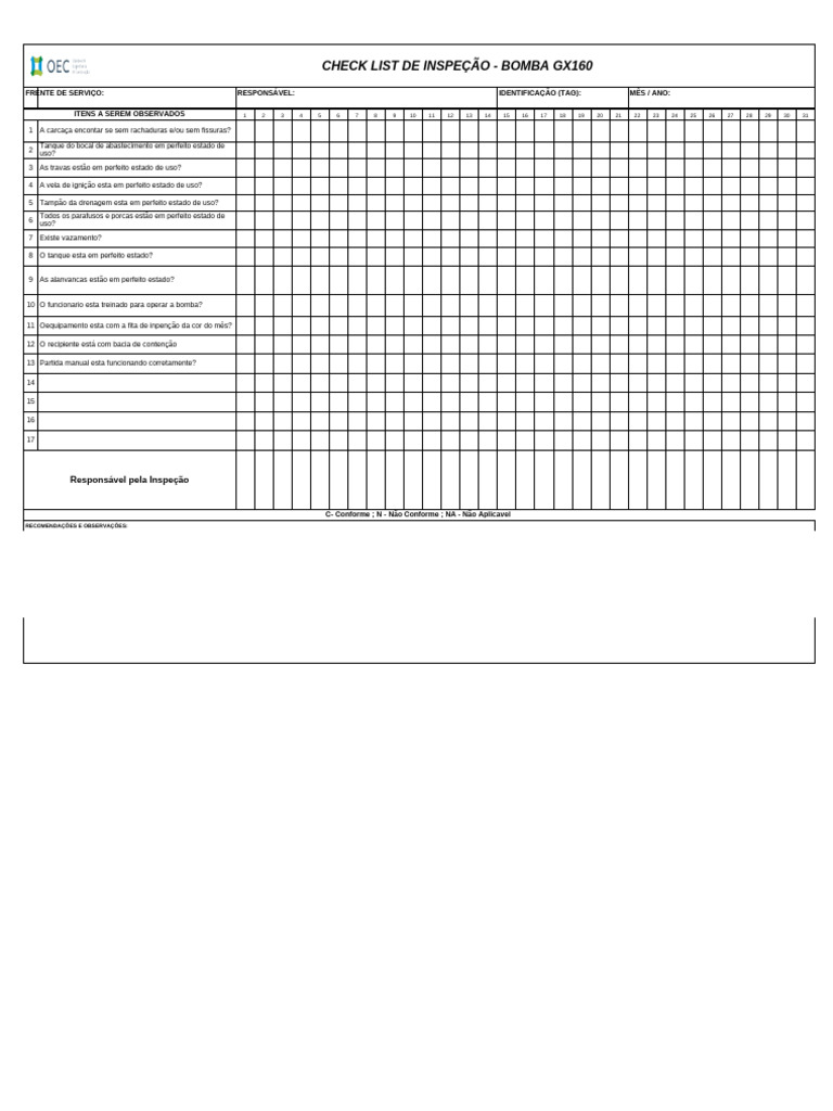 Checklist de Inspeção da Bomba GX160 | PDF