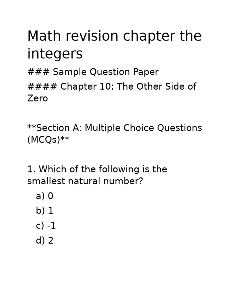 Math Revision Chapter The Integers | PDF