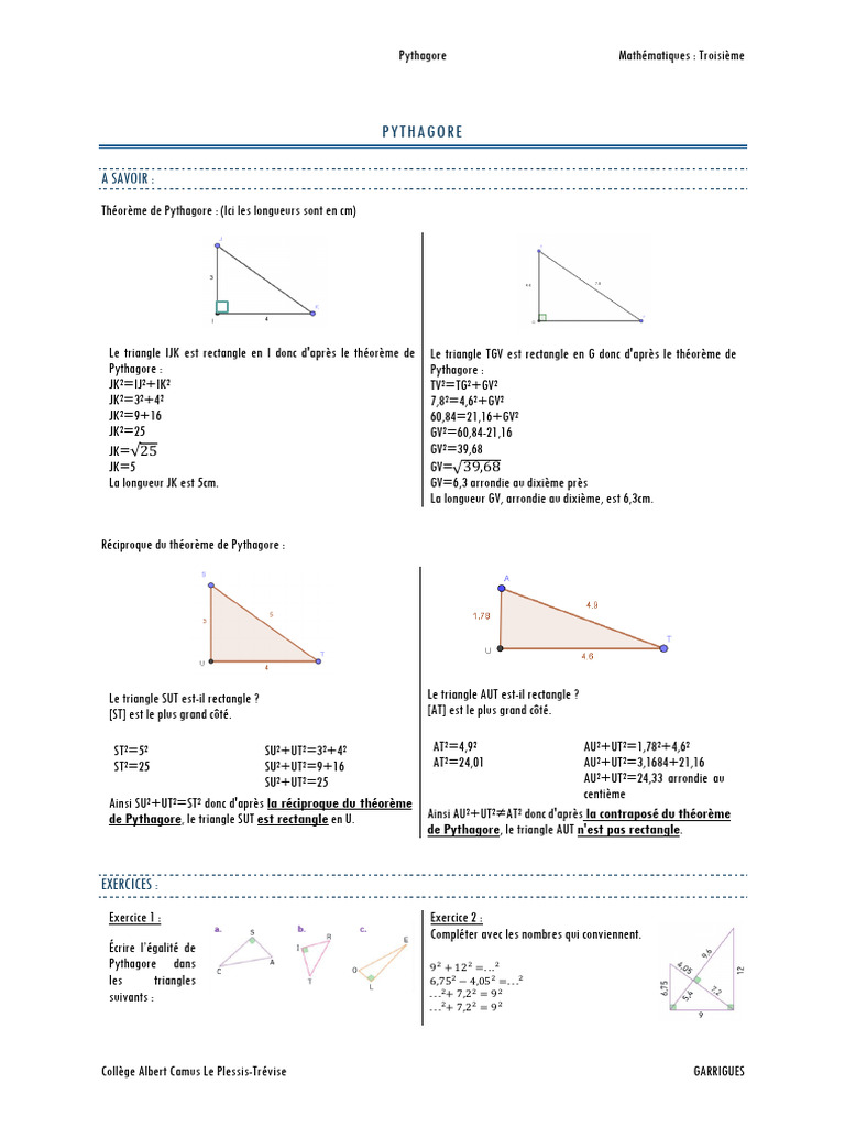 Théorème de Pythagore et exercices | PDF | Triangle | Mathématiques