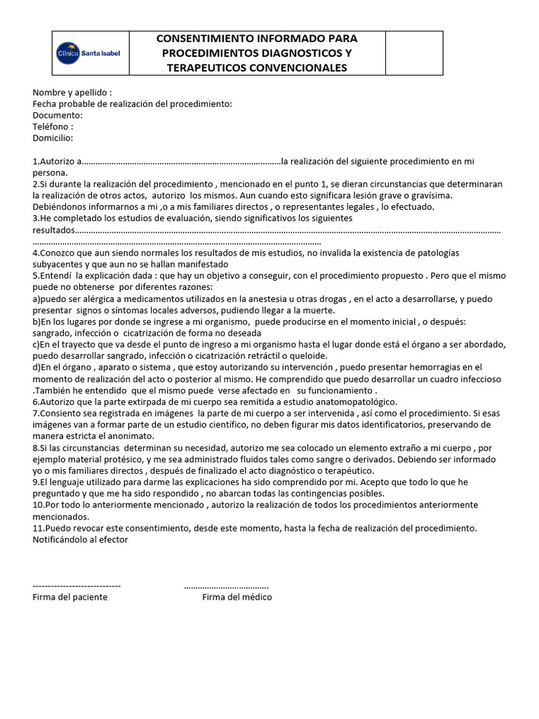 Consentimiento Informado para Procedimientos Médicos | PDF ...