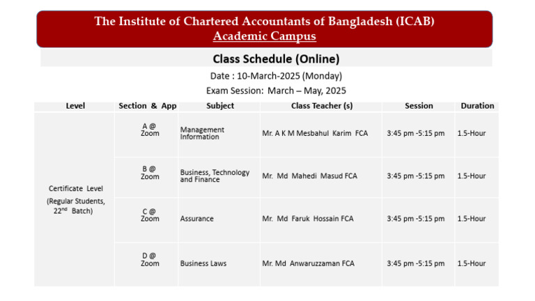 2nd Day's Class Schedule On Monday - 10-Mar-2025 - For CL - 22B (ES-RS ...