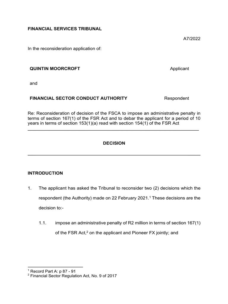 Decision - Quintin Moorcroft V FSCA | PDF | Justice | Crime & Violence