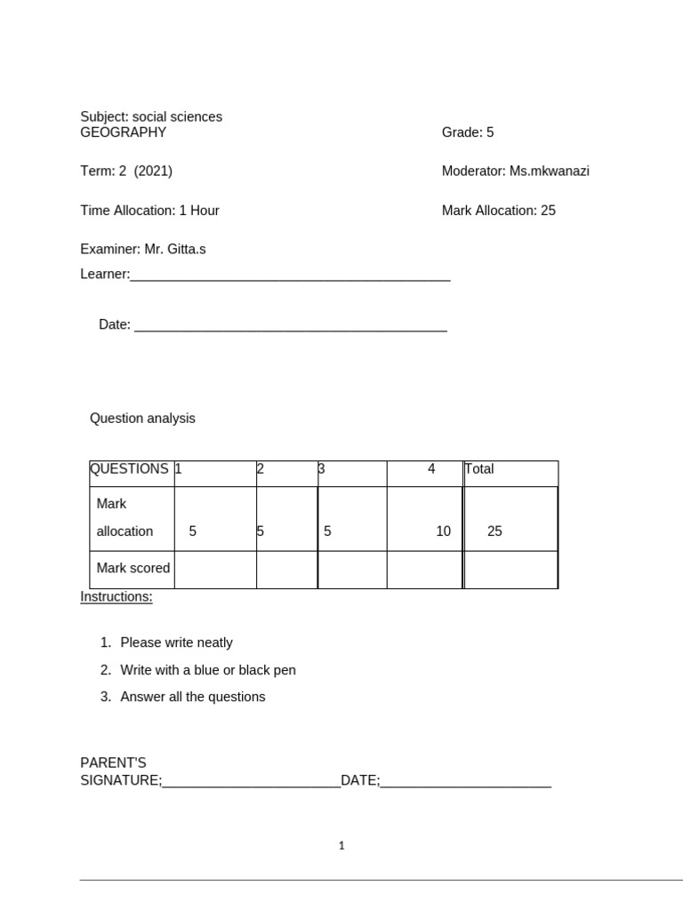 Grade 5 Geography Term 2 Exam Paper | PDF | River | Earth Sciences