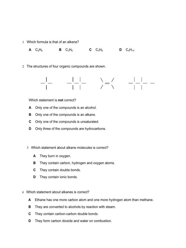 Alkane and Alkene Quiz Questions | PDF | Alkene | Alkane