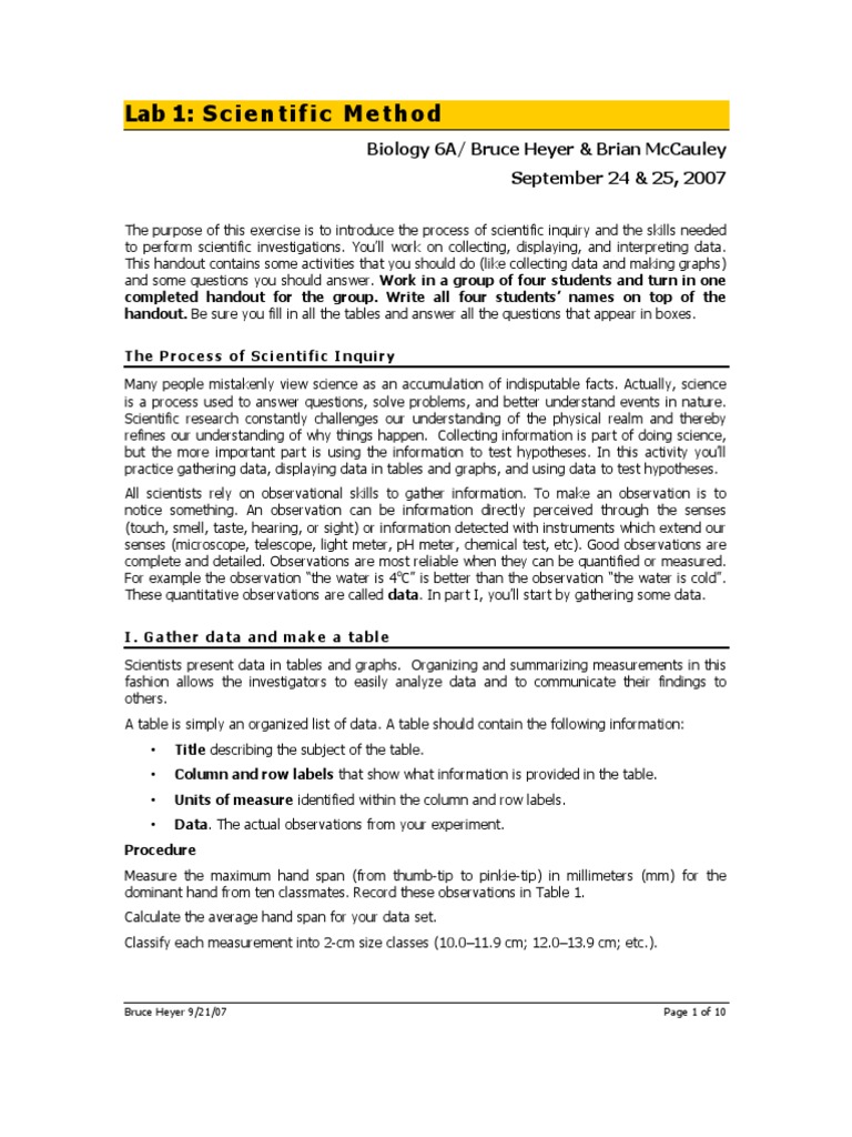 Lab1: Scientific Method: Biology 6A/ Bruce Heyer & Brian Mccauley ...