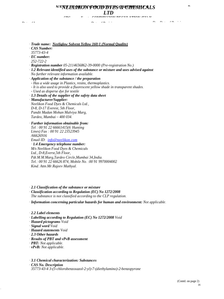 046 MSDS 046 P 04 03 Neeliglow Solvent Yellow 160 1 Normal Quality ...
