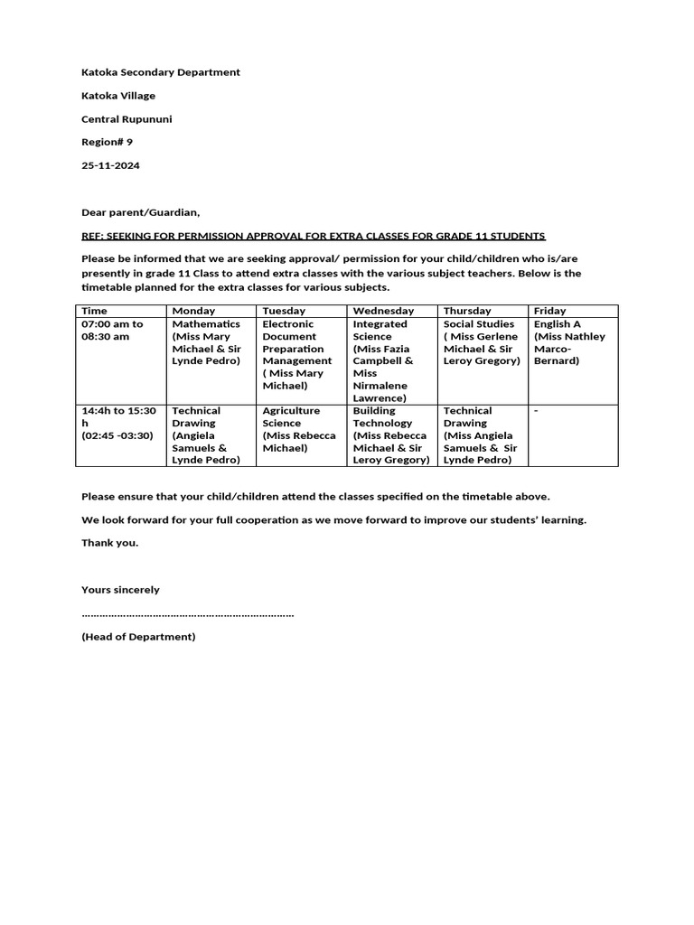 Consent for Extra Classes Approval | PDF