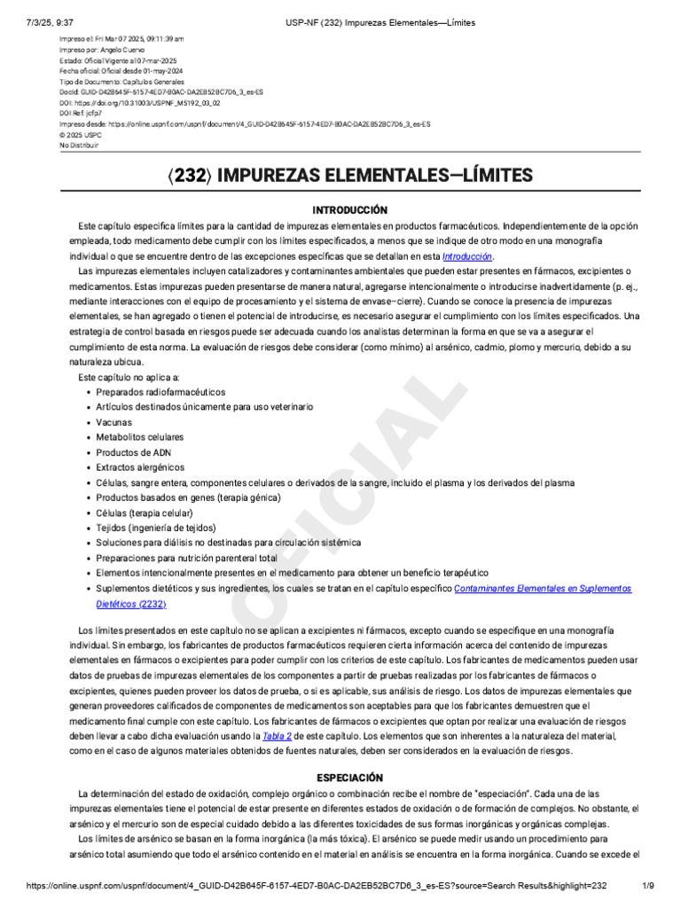 Límites de Impurezas Elementales USP 232 | PDF | Medicamentos con ...