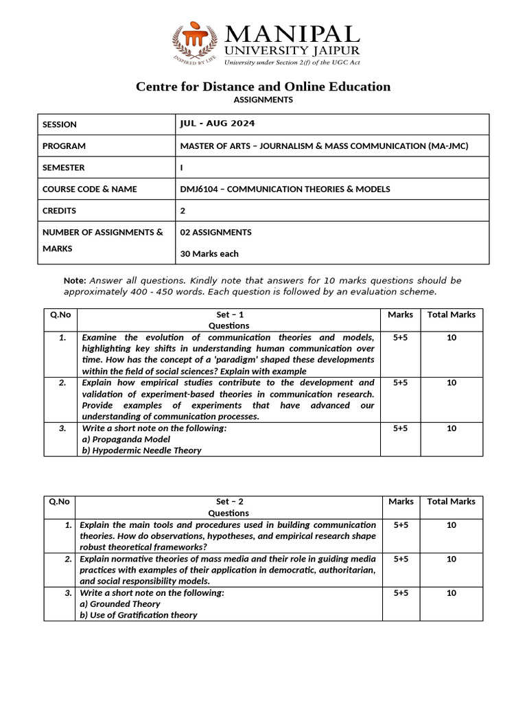 Assignment - DMJ6104 - Comm. Theories & Models - Set 1 & 2 | PDF