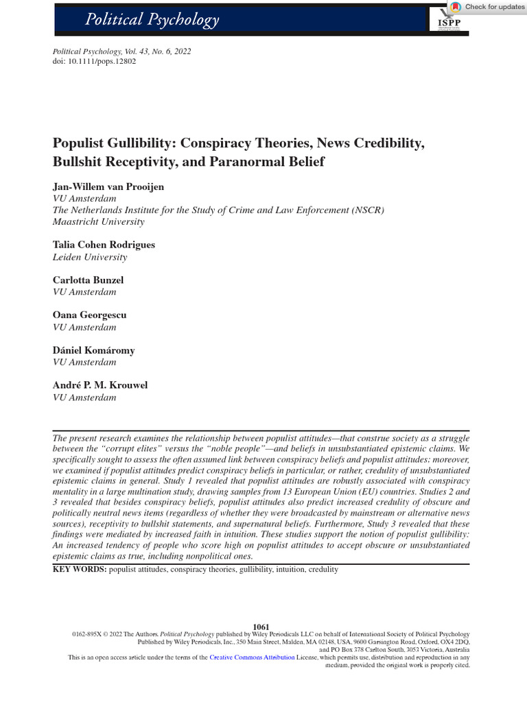 Populist Attitudes and Conspiracy Beliefs | PDF | Populism | Attitude ...