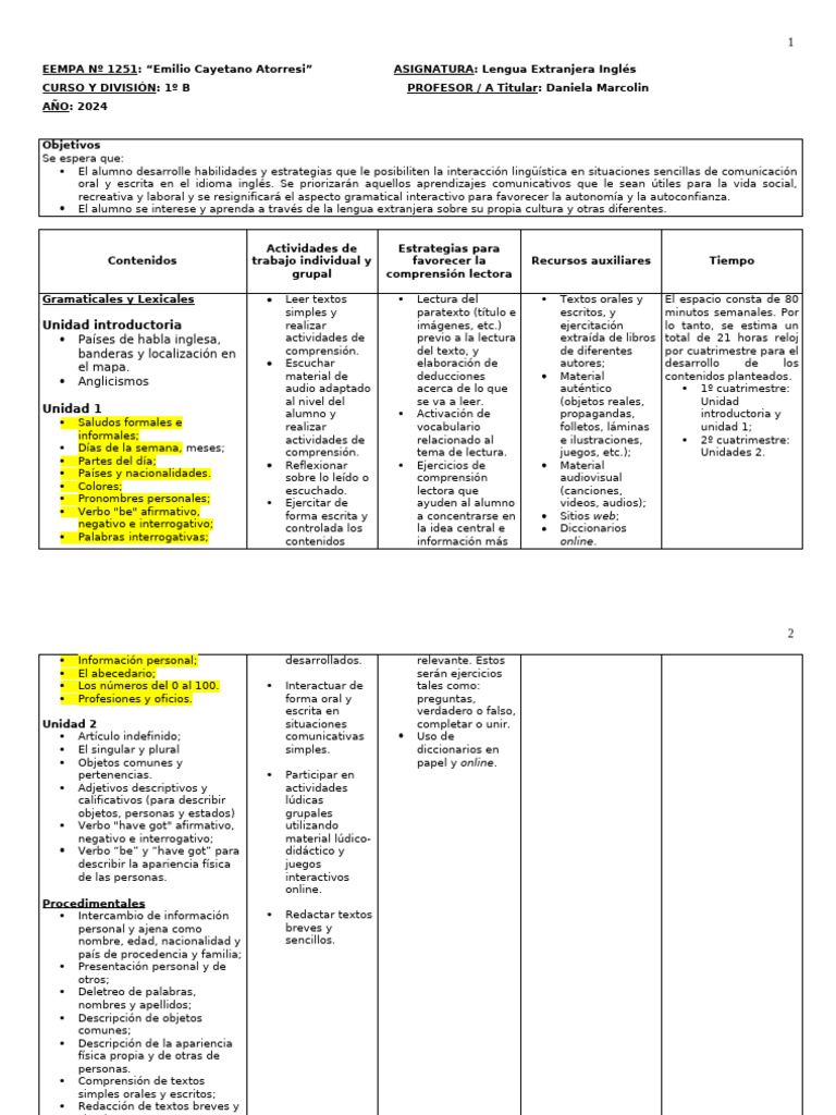 Plan de Estudios de Inglés 1º B 2024 | PDF | Evaluación | Segundo lenguaje