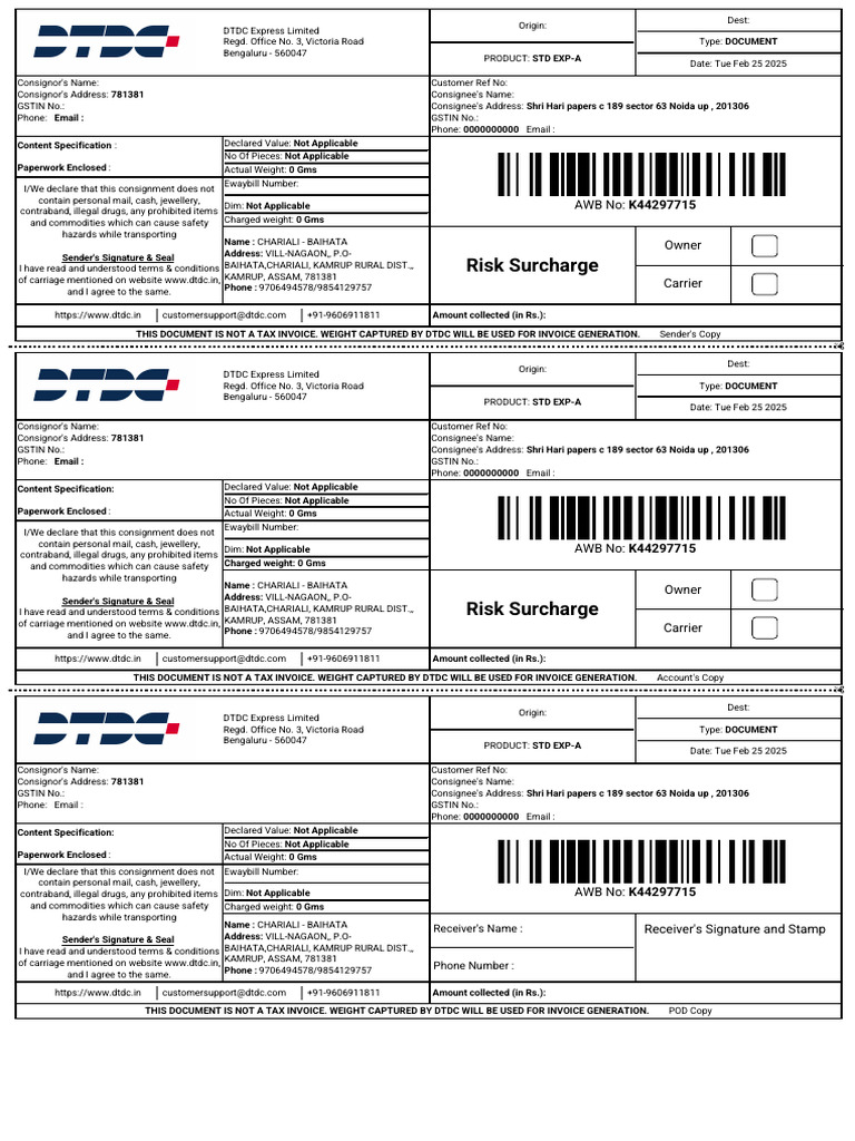 DTDC STD EXP-A Shipment Details | PDF | Mail
