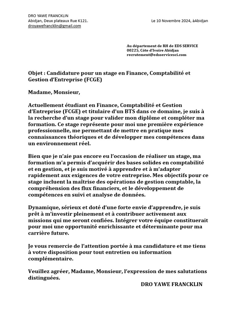Candidature Stage en Comptabilité FCGE | PDF