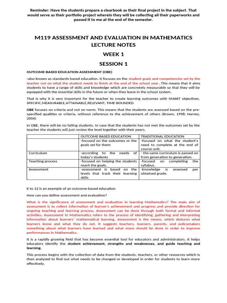 M119 Assessment and Evaluation in Mathematics Lecture Notes | PDF ...