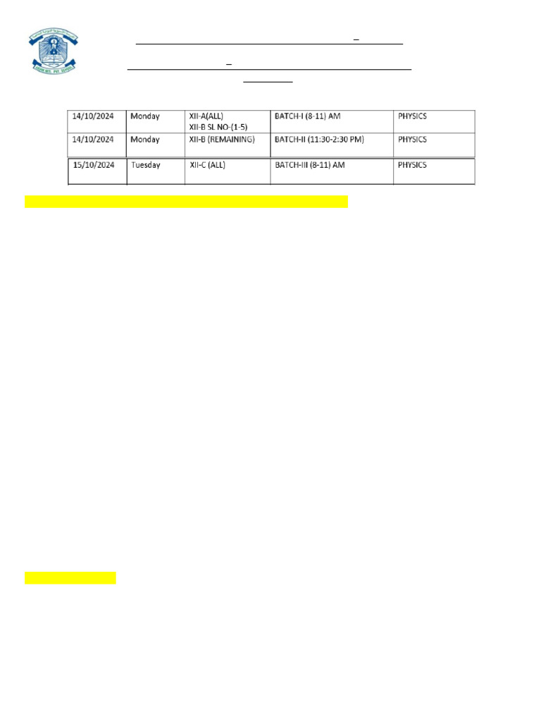G 12 Term 1 Physics Practical Instructions& Batch List. (2024-2025) | PDF