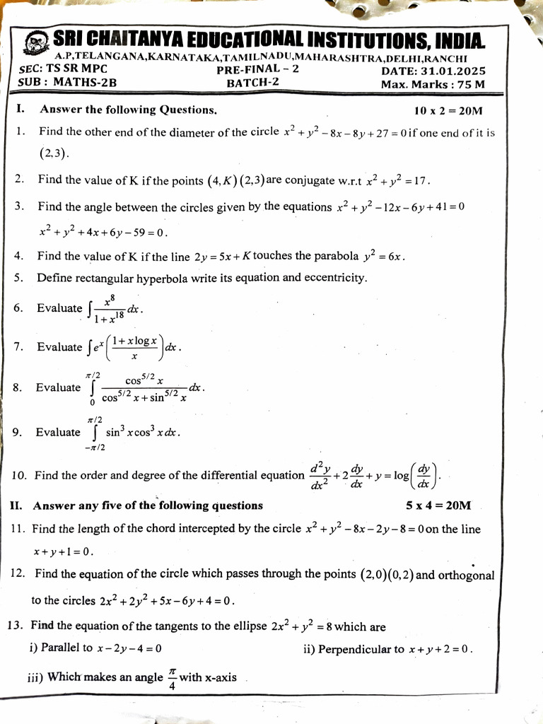 31.01.25 Maths 2B Pre Final 2 | PDF