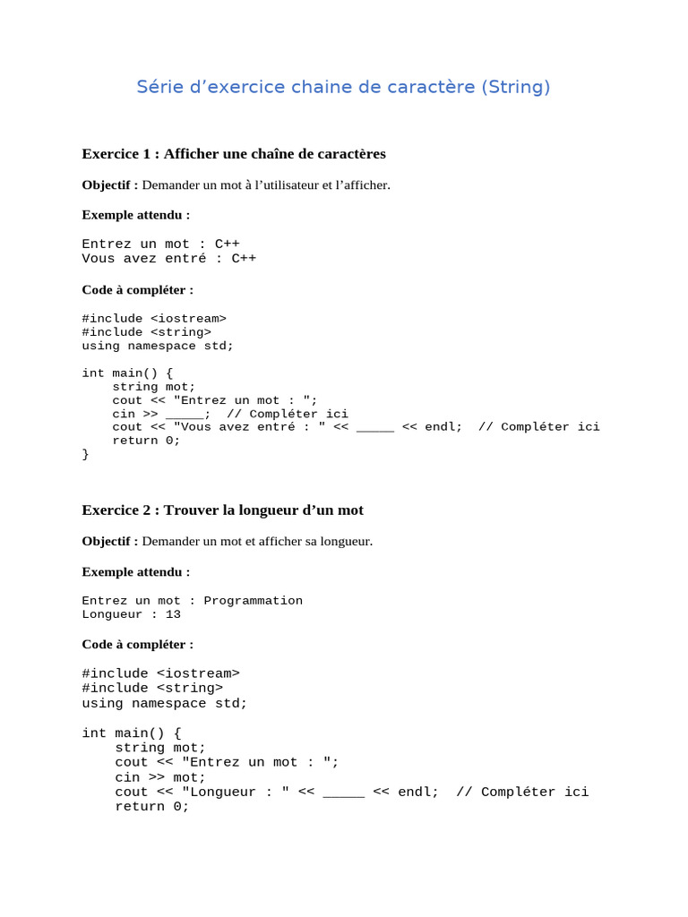 Exercices de chaînes de caractères en C++ | PDF | C ++ | Ingénierie ...