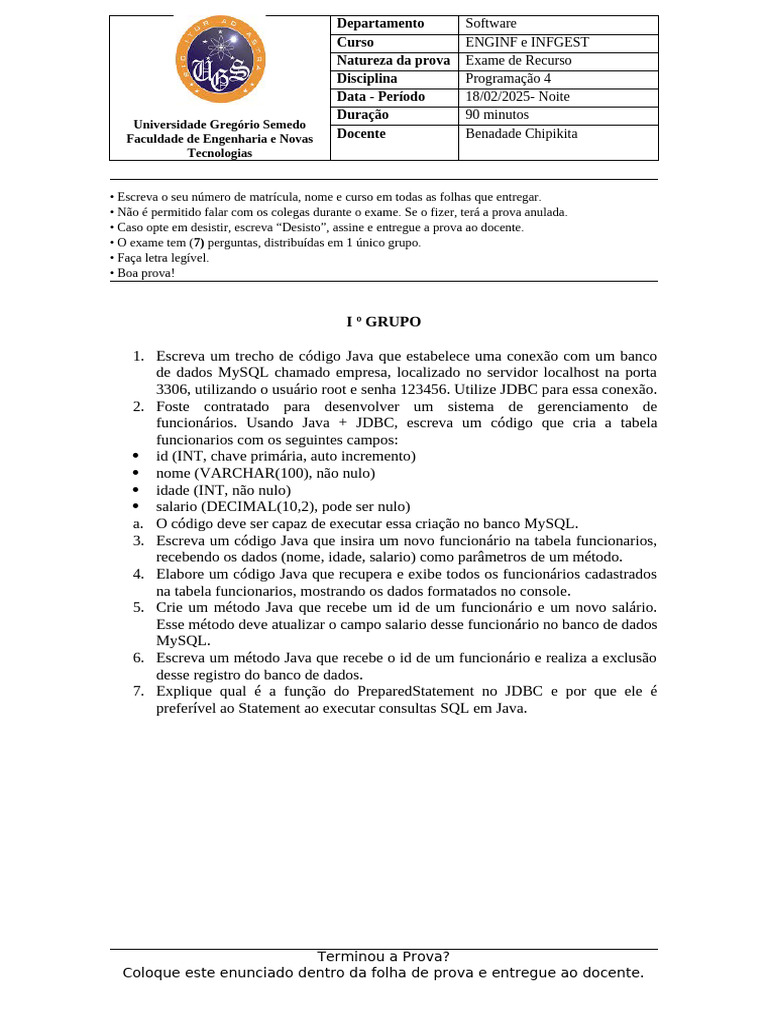 Exame de Recurso de Programação 4 | PDF | Java (linguagem de ...