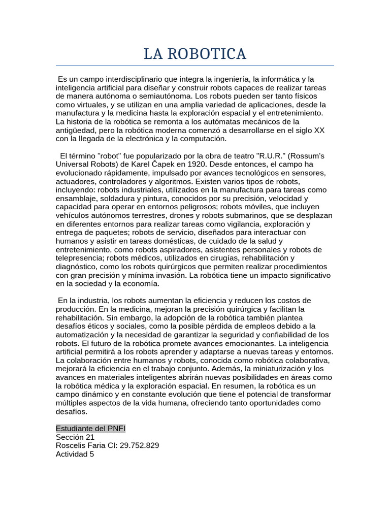 Resumen de la Robótica Moderna | PDF | Robótica | Robot