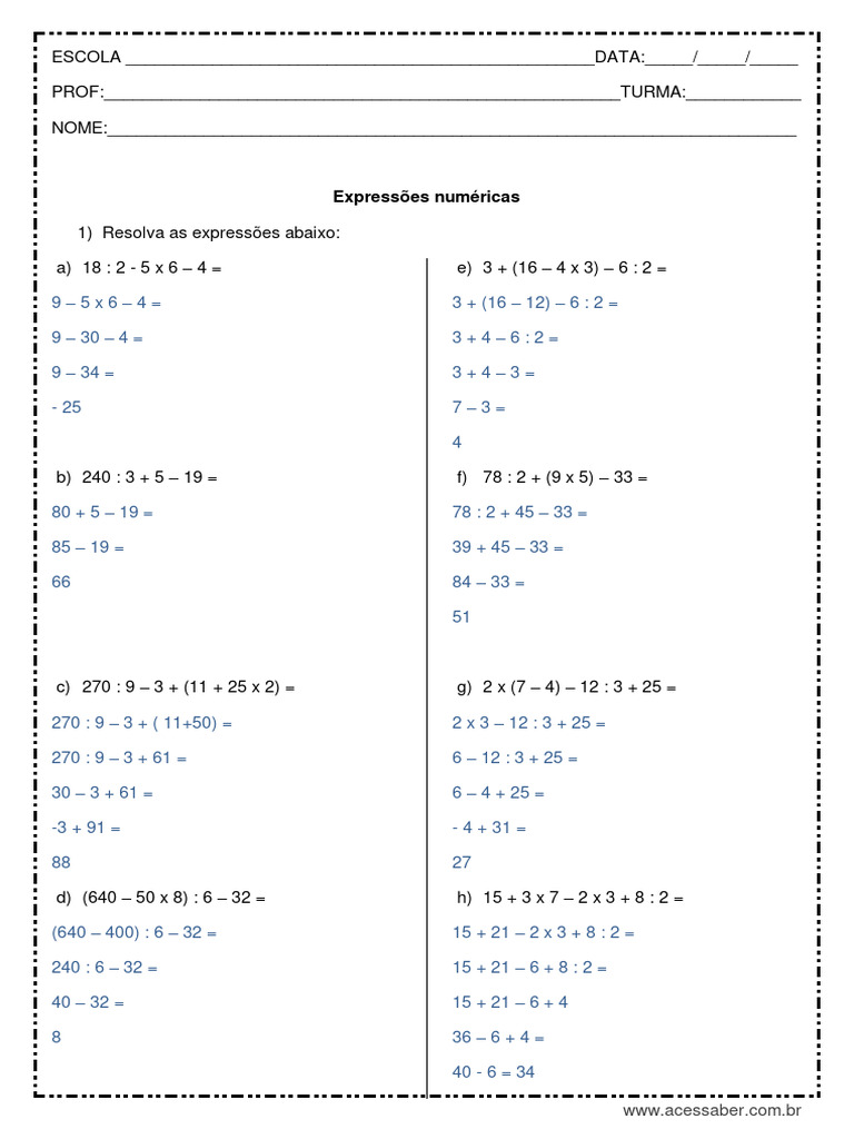 Atividades de Expressões Numéricas 5º Ano | PDF