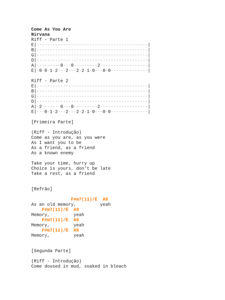 Nirvana "Come As You Are" Guitar Tabs | PDF | American Styles Of Music | Rock Songs