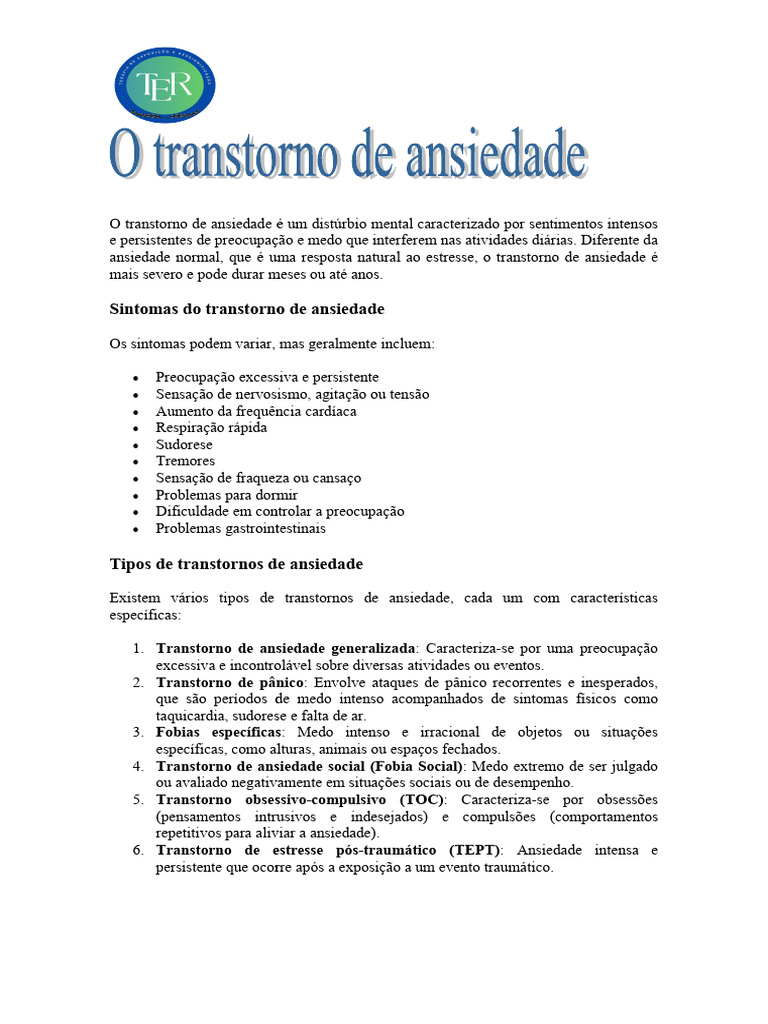 Transtornos de Ansiedade: Sintomas e Tipos | PDF | Ansiedade ...