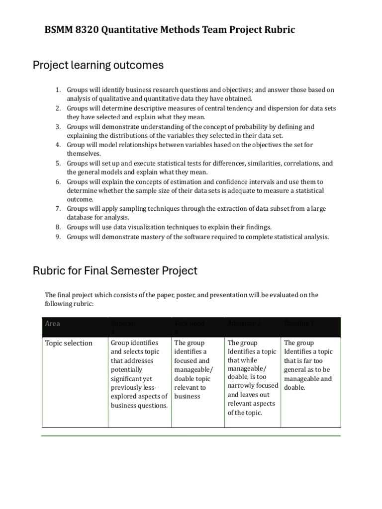 BSMM 8320 Quantitative Methods Team Project Rubric | PDF | Statistics ...