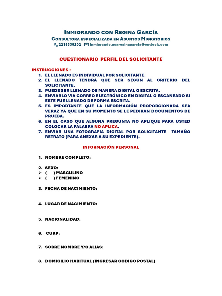 Cuestionario de Solicitud Migratoria | PDF | Visa de viaje
