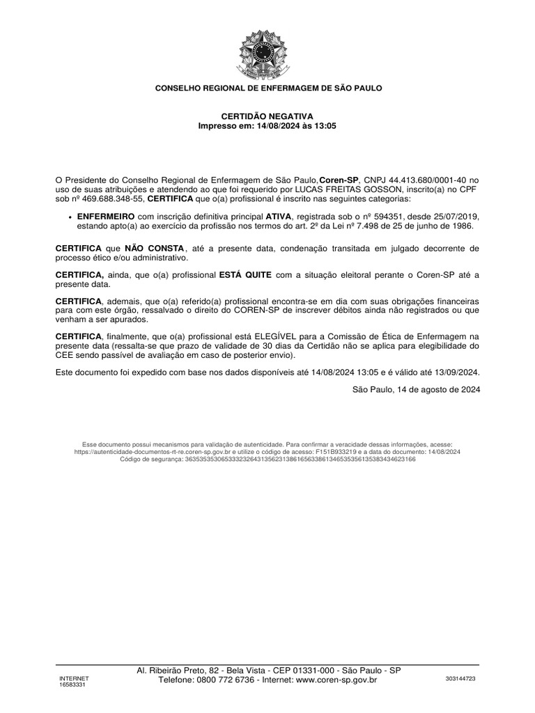 Certidão Negativa Coren-SP 2024 | PDF