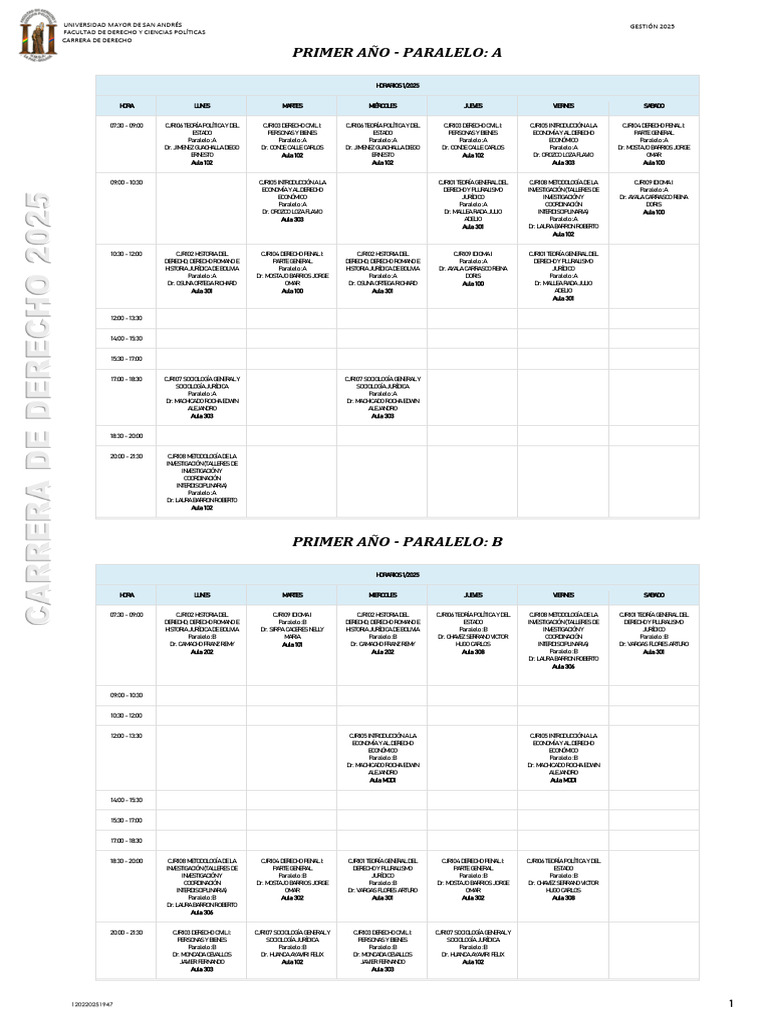 Horarios Carrera de Derecho 2025 | PDF | Jurisprudencia | Filosofía ...