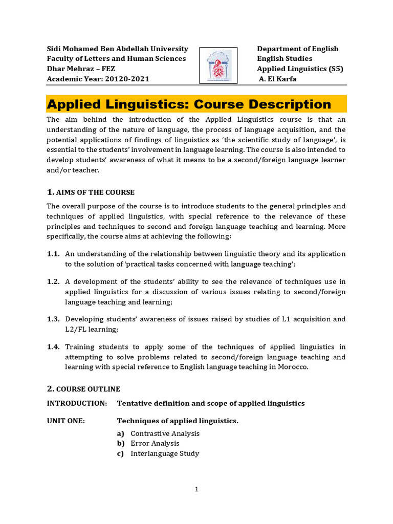 1 Applied Linguistics - Course Description | PDF | Second Language ...