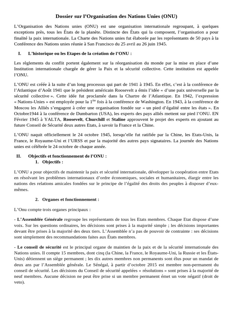 Création et défis de l'ONU | PDF | Nations unies | Relations ...
