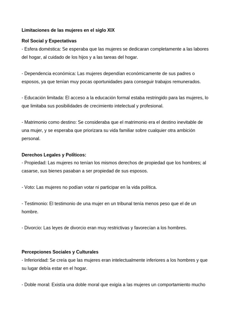 Limitaciones de las mujeres en el siglo XIX | PDF