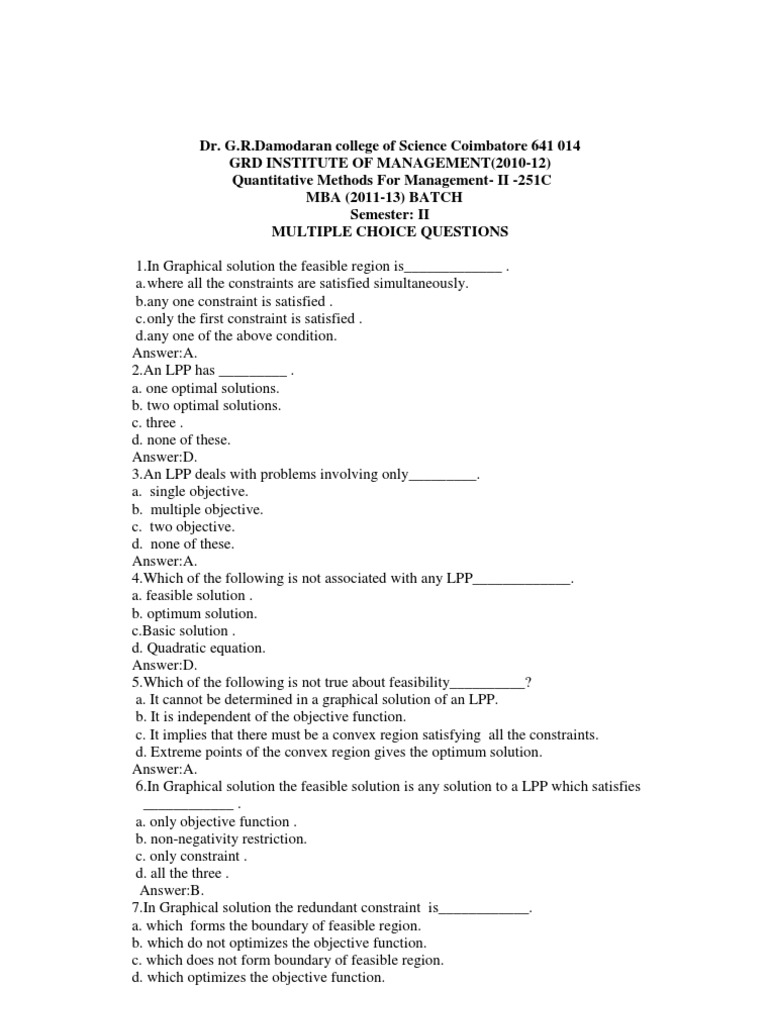 MBA Quantitative Methods MCQs Guide | PDF | Mathematical Optimization ...